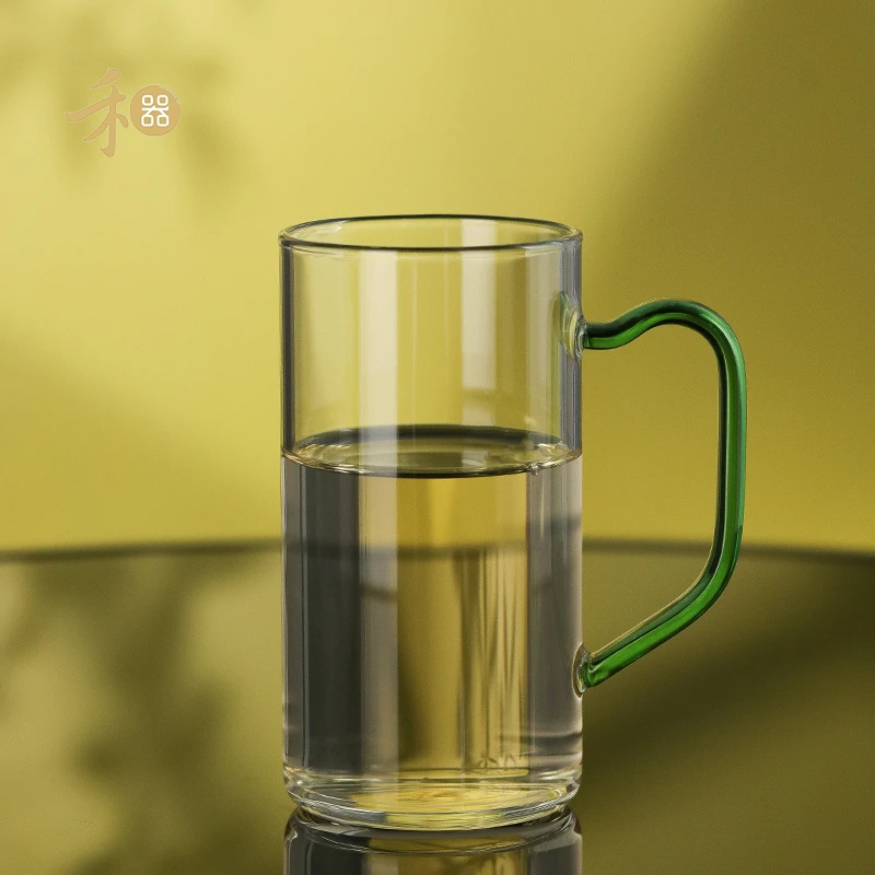 禾器清予杯湖绿手把加厚款耐热高温玻璃绿茶杯手工高档泡茶办公杯