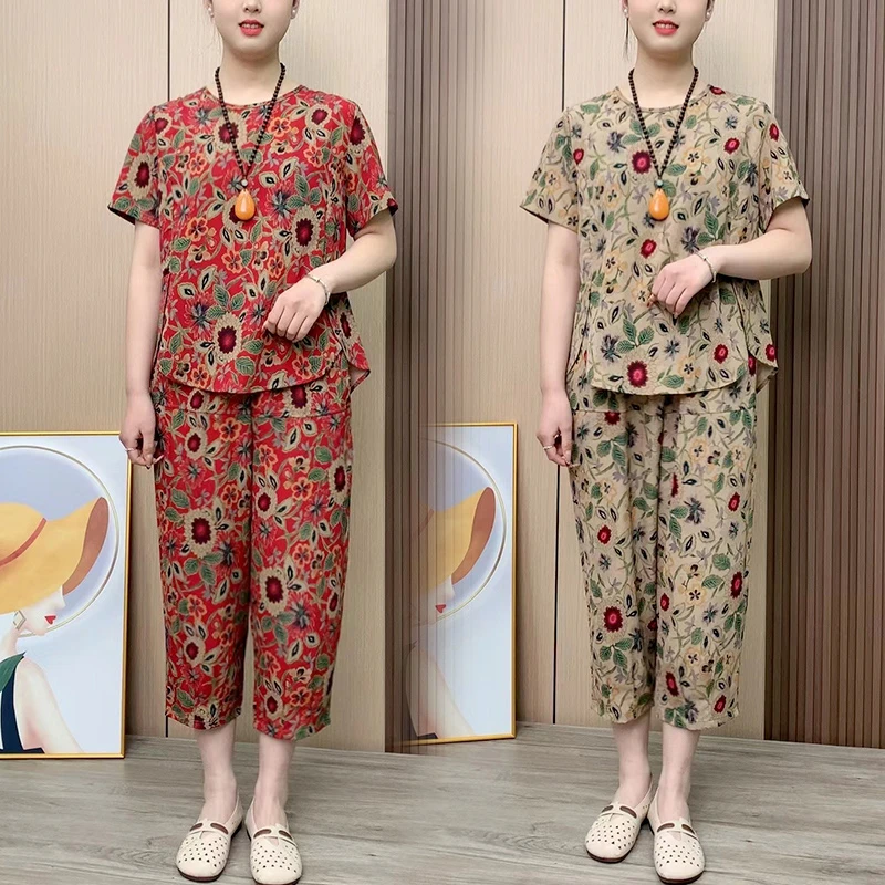 中老年妈妈装夏季新款短袖印花套装女时尚宽松显瘦大码薄款两件套