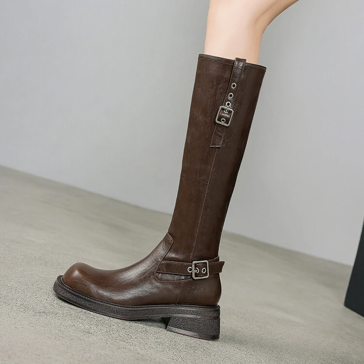 2024新款圆头方跟TPU胶粘鞋四季通用黑时装靴复古高筒纯色骑士靴