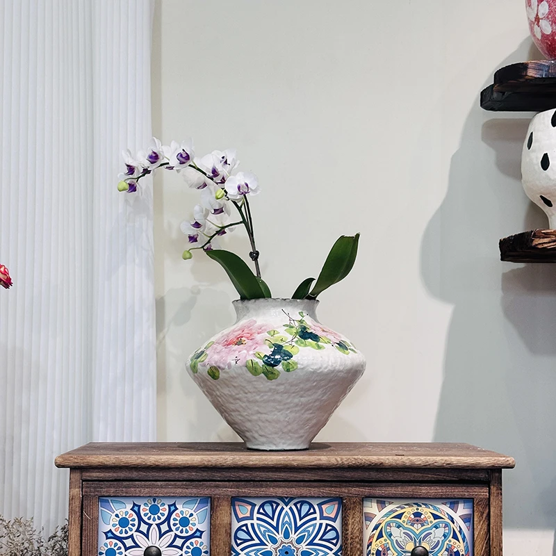 手绘牡丹福袋飞碟器型口12cm高度21cm肚宽28cm