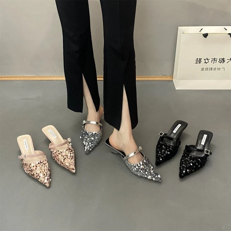 气质尖头半拖鞋女粗跟低春夏外穿时尚亮片小众包头凉拖鞋
