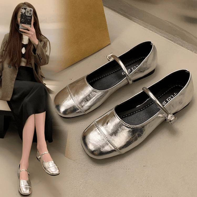 复古玛丽珍鞋女2024春秋新款银色一字带法式低跟单鞋女粗跟配裙子