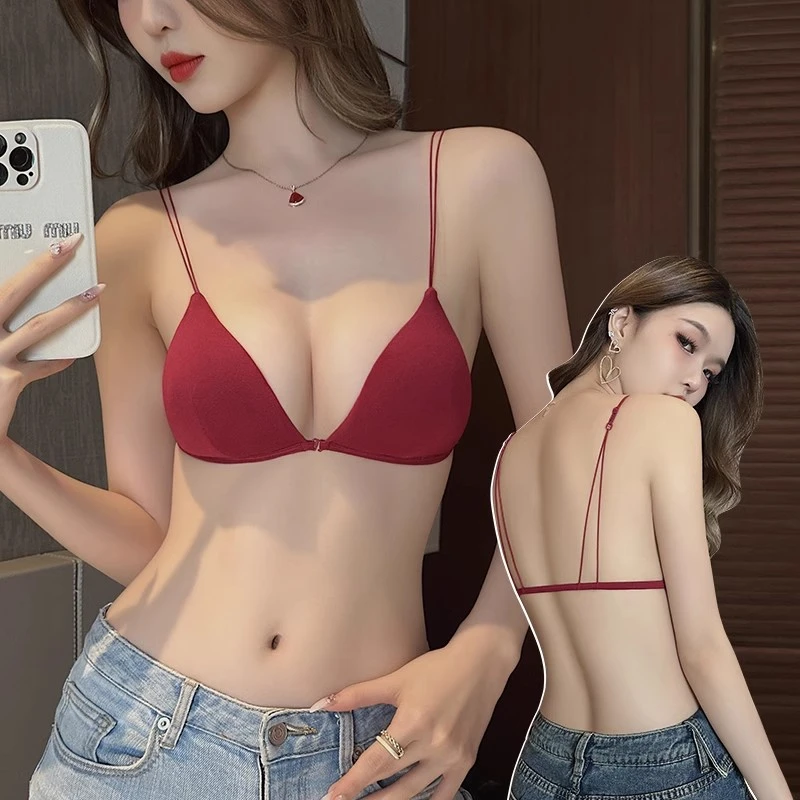 维多利亞无痕薄款内衣法式小胸少女性感前扣无钢圈细肩带美背文胸