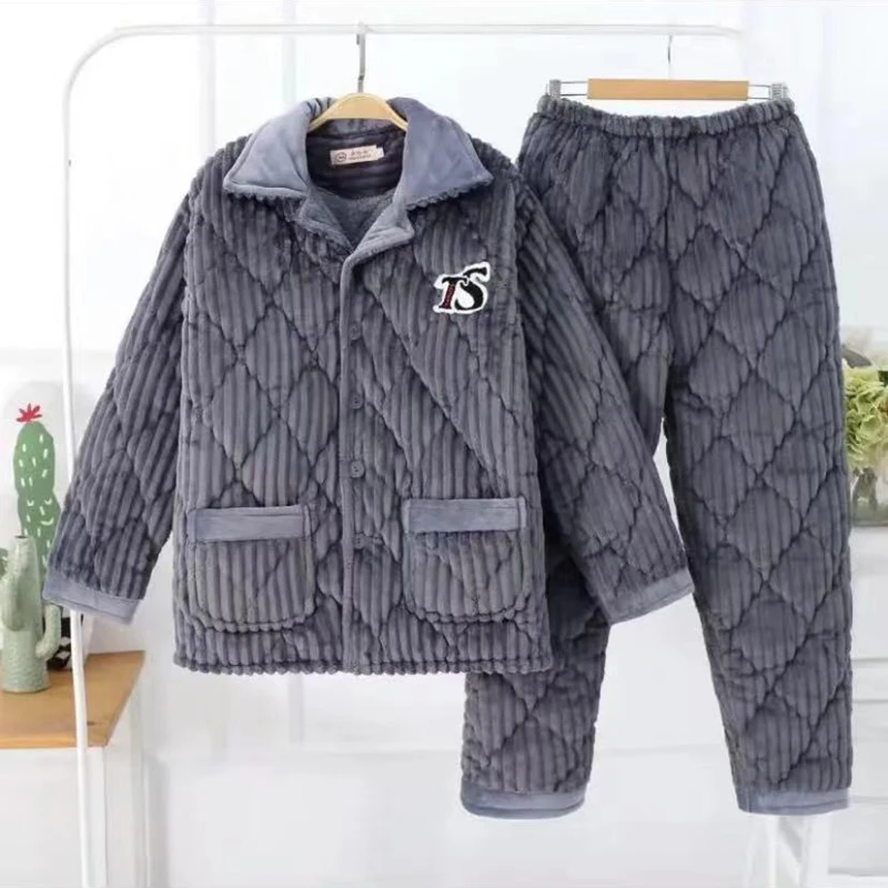 加肥加大冬款男夹棉加厚睡衣三层加绒保暖可外穿珊瑚绒家居服套装