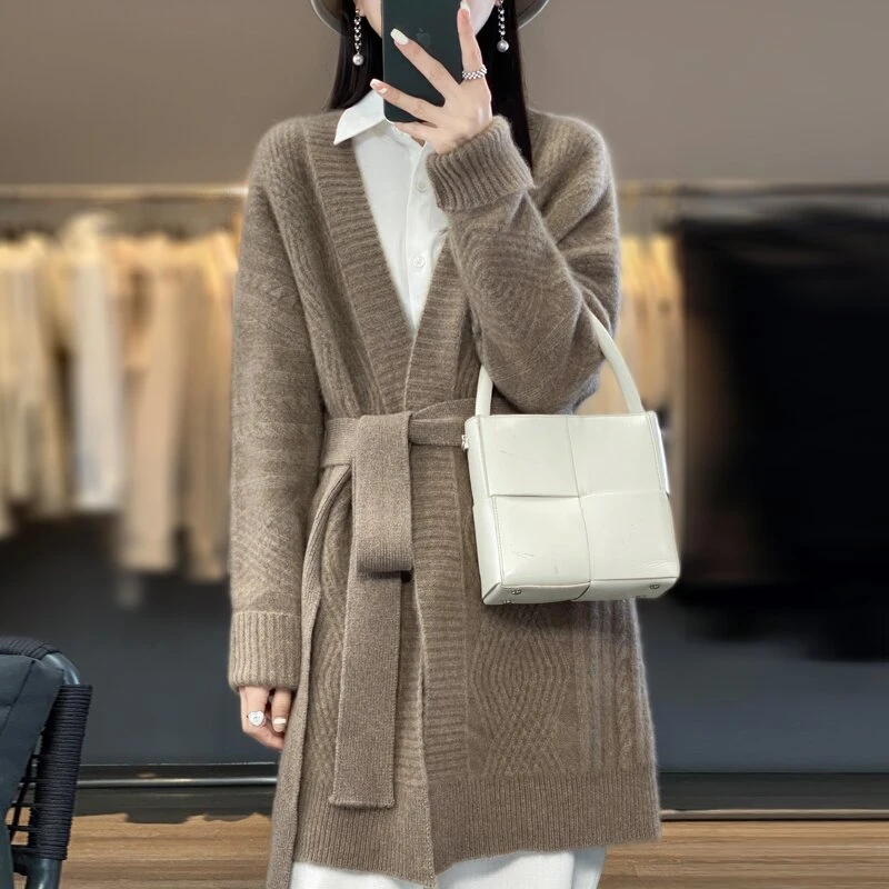 秋冬新款加厚羊毛开衫女宽松腰带扭绳毛衣软糯针织羊毛衫时尚外套