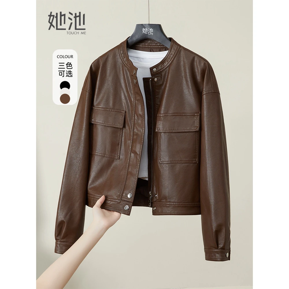 欧货设计感小众短款皮衣女2024春秋新款工装立领PU显瘦机车2212