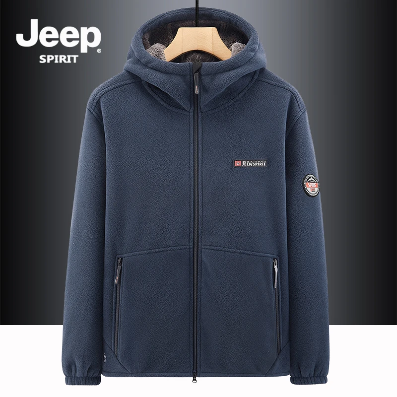 JEEP吉普摇粒绒外套男防寒保暖连帽抓绒衣大码加绒加厚奥利绒卫衣