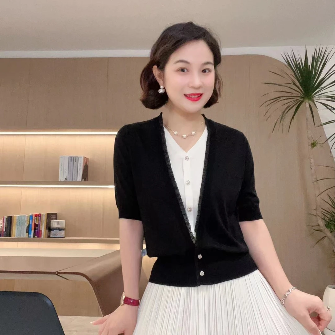 短袖V领丝丝边假两件针织衫#23175