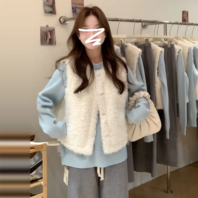 万能叠穿小马甲女款爆款2024新款加厚羊羔绒无袖背心毛衣套装7226