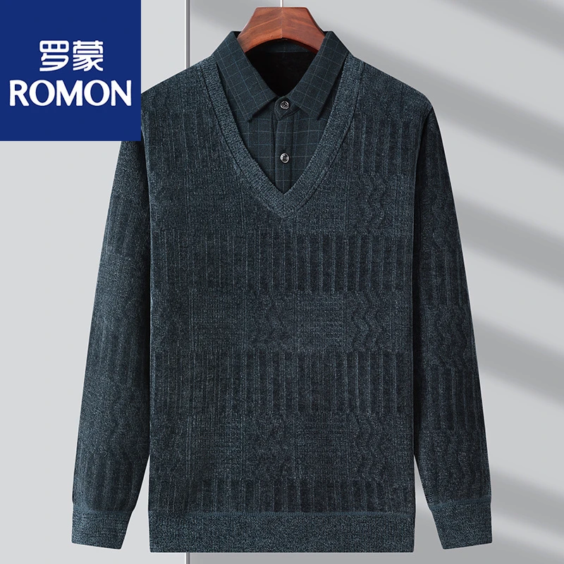 Romon/罗蒙假两件雪尼尔毛衣男衬衫领加绒加厚保暖冬季中年上衣