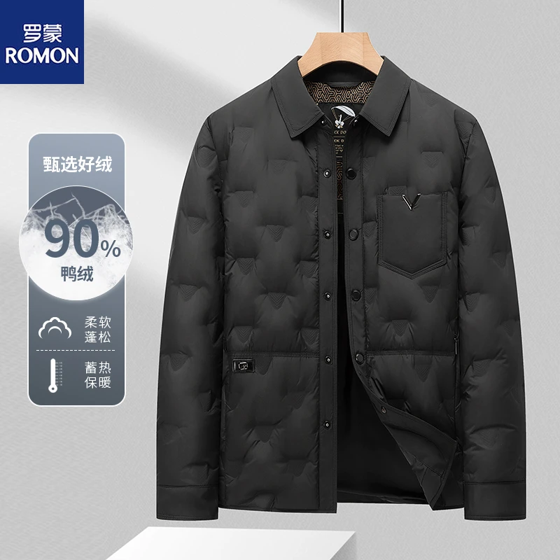 Romon/罗蒙轻奢高级感羽绒服衬衫领短款时尚休闲冬季鸭绒通勤外套