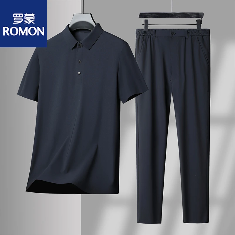 Romon/罗蒙男士高弹超薄夏季无痕短袖两件套薄款男装休闲松紧腰裤