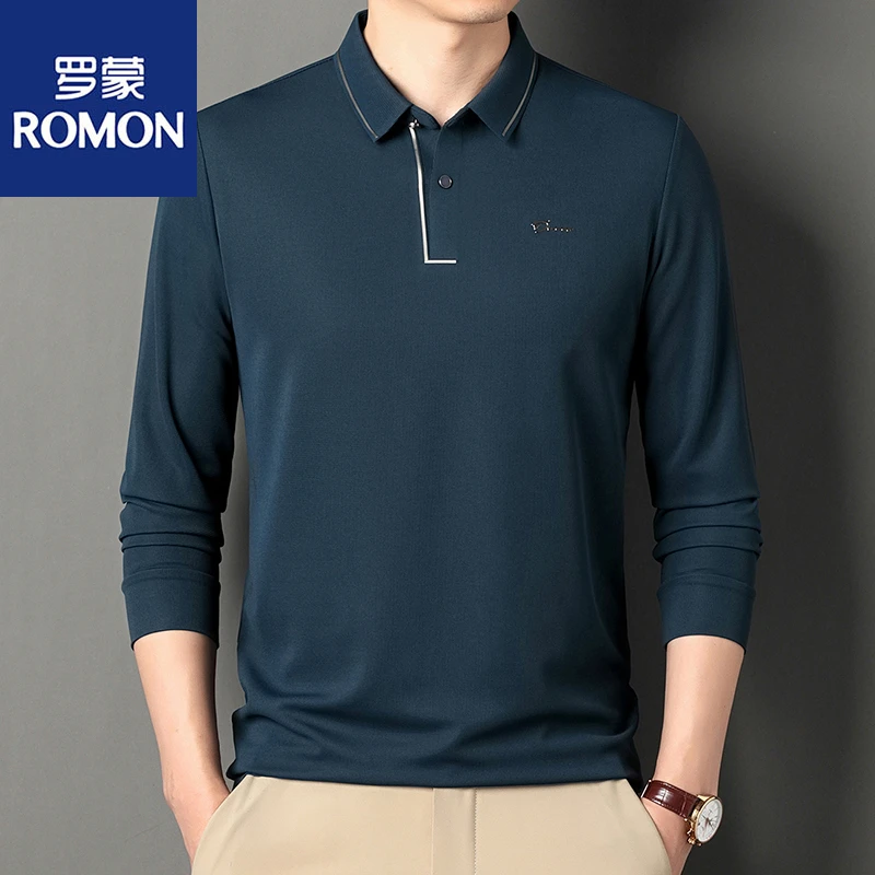 Romon/罗蒙春秋季男士商务休闲经典百搭长袖翻领无痕打底POLO衫