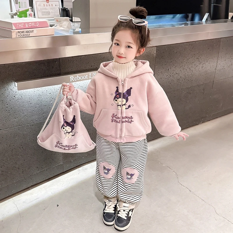 女童加绒连帽套装洋气儿童外套秋冬装新款女宝宝加厚三件套小女孩