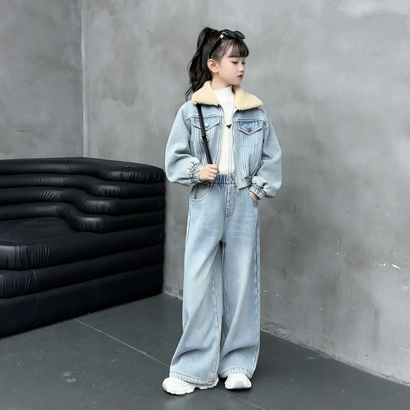 女童2024秋冬季慵懒洋气加绒加厚牛仔套装外套阔腿牛仔裤两件套