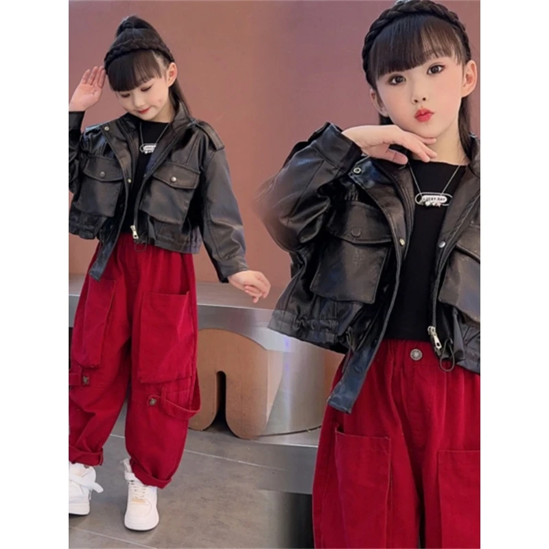 女童秋季短款皮衣外套2024新款小女孩韩版休闲宽松设计感机车夹克