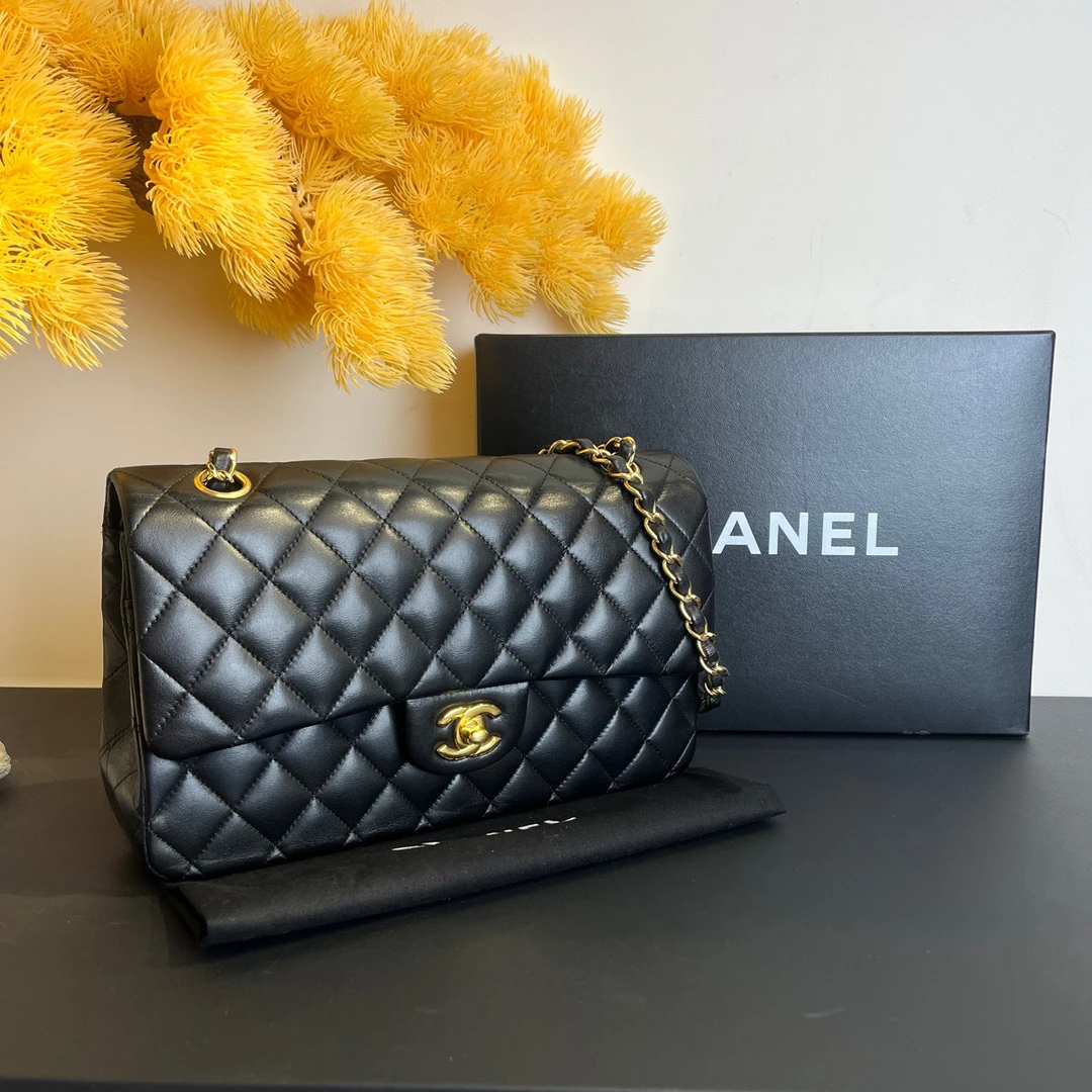 99新 Chanel/香奈儿 CHANEL 香奈儿 黑色 金扣 羊皮 CF中号 12开