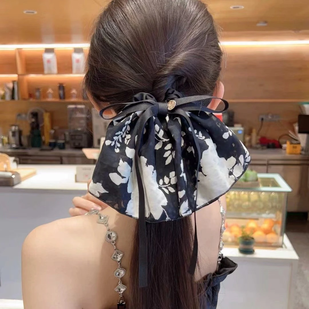 法式印花发带女绑发头绳后脑勺扎马尾大肠发圈蝴蝶结头饰发绳飘带