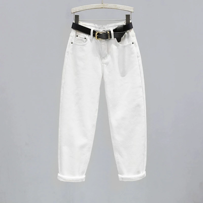 白色显瘦牛仔裤女2025年新款秋冬加绒加厚高腰哈伦裤宽松老爹裤子