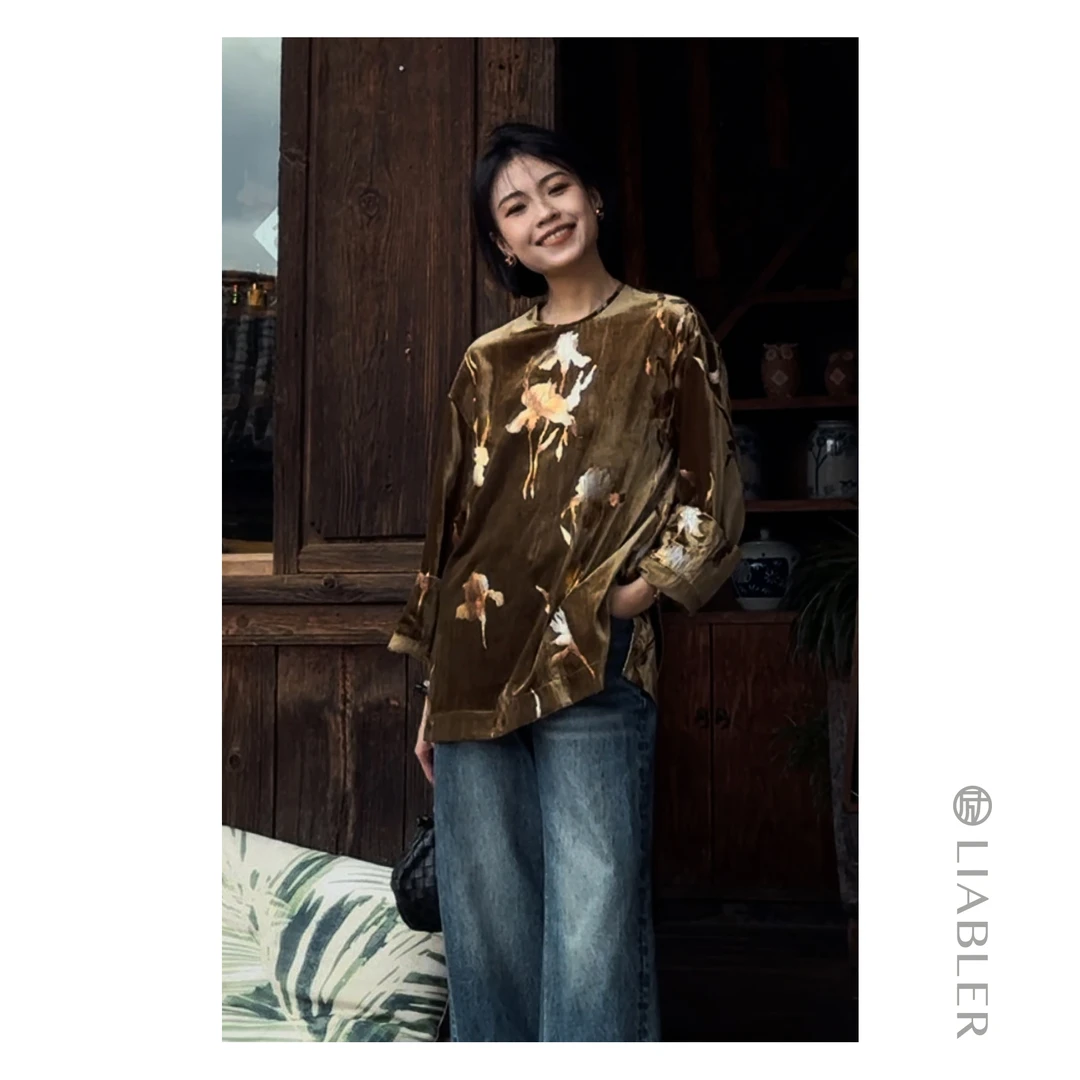 LIABLER/励【仰光朝露】2024秋冬复古丝绒烫金上衣 LAW24128J