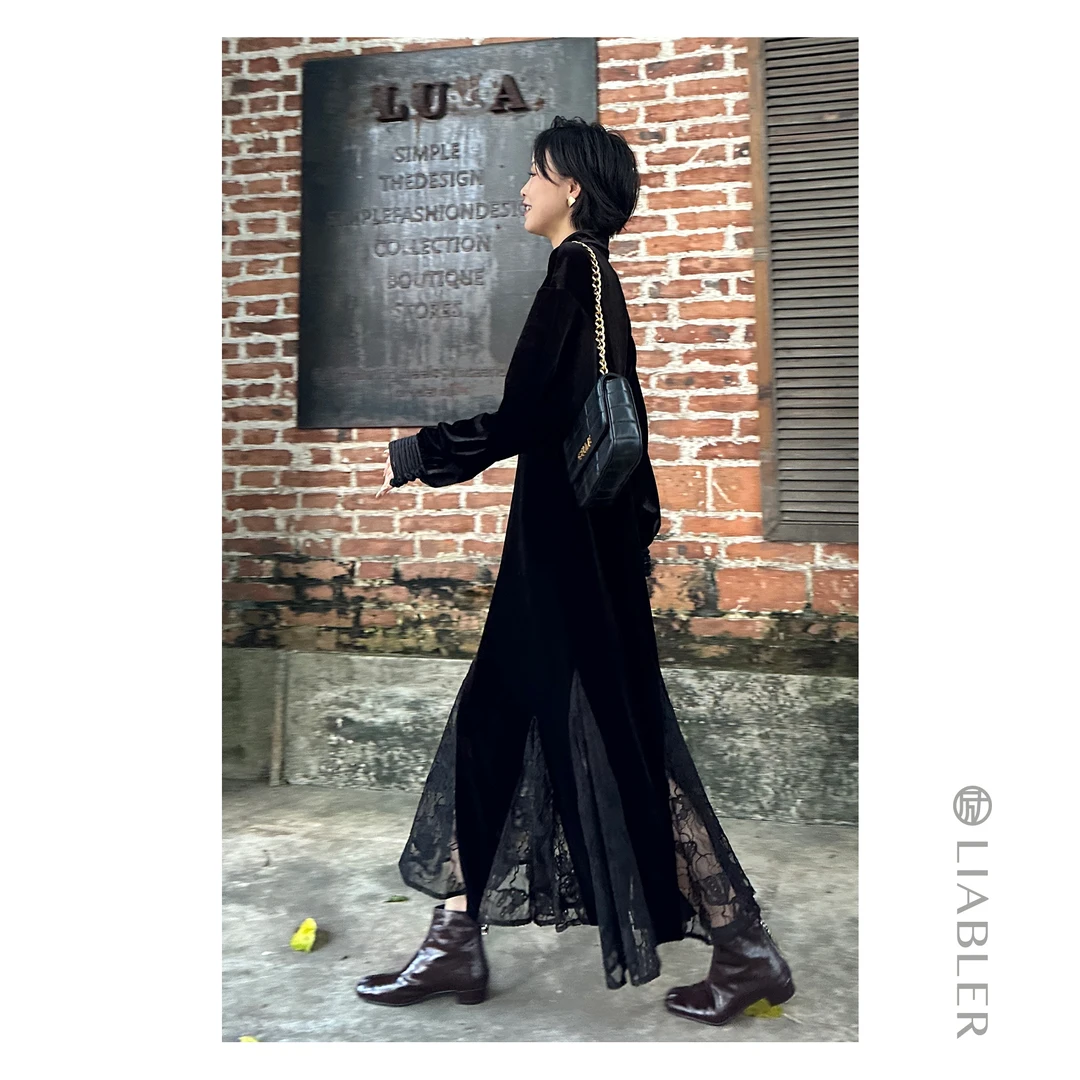 LIABLER/励【浮游自若】2024秋冬丝绒鱼尾蕾丝连衣裙LAW24257D