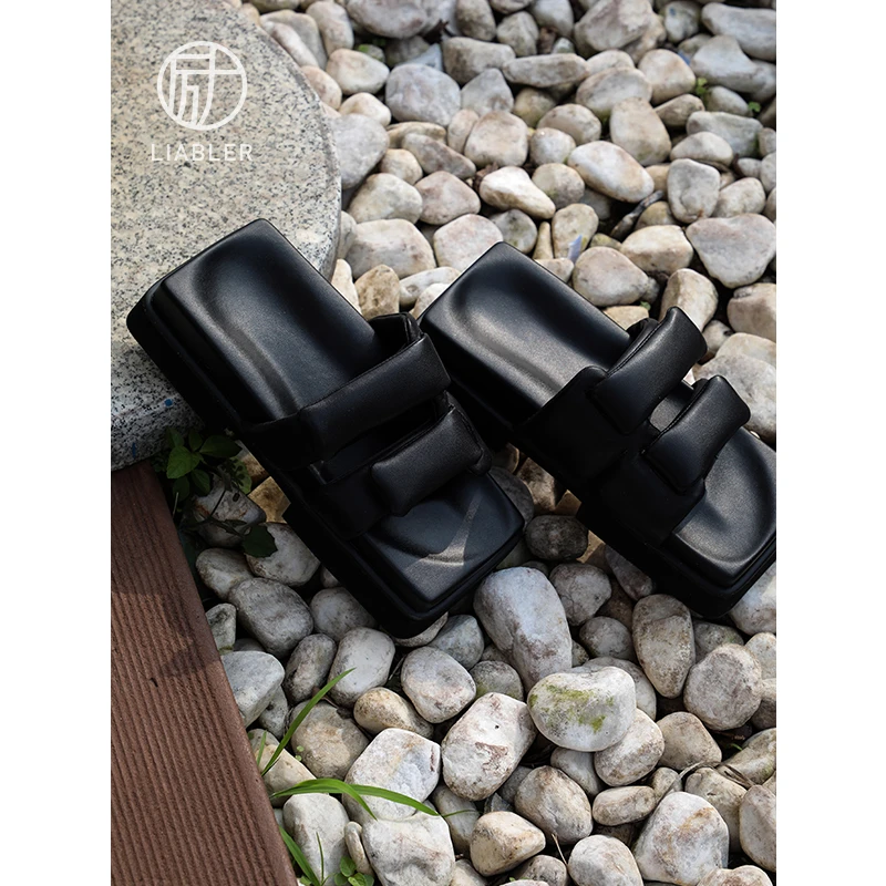 LIABLER/励 羊皮双带魔术贴厚底增高松糕凉拖7639（底高5.5cm）