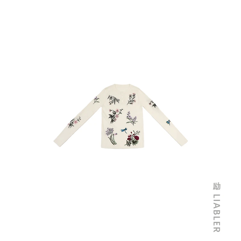 LIABLER/励 2024早春桑蚕丝羊毛花卉刺绣修身白色毛衣 LSS124004K