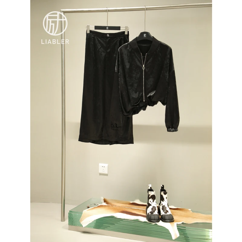 LIABLER/励 绒面斜边夹克外套+直筒半身裙套装 A2131