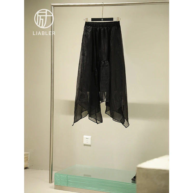 LIABLER/励 高腰不规则 网纱A摆遮肉半身裙 5697(长95cm)