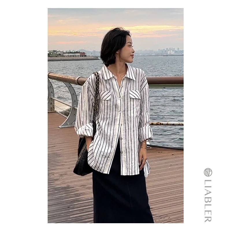 LIABLER/励【清溪水】2024春夏亚麻老钱风条纹质感衬衫 LSS24593J