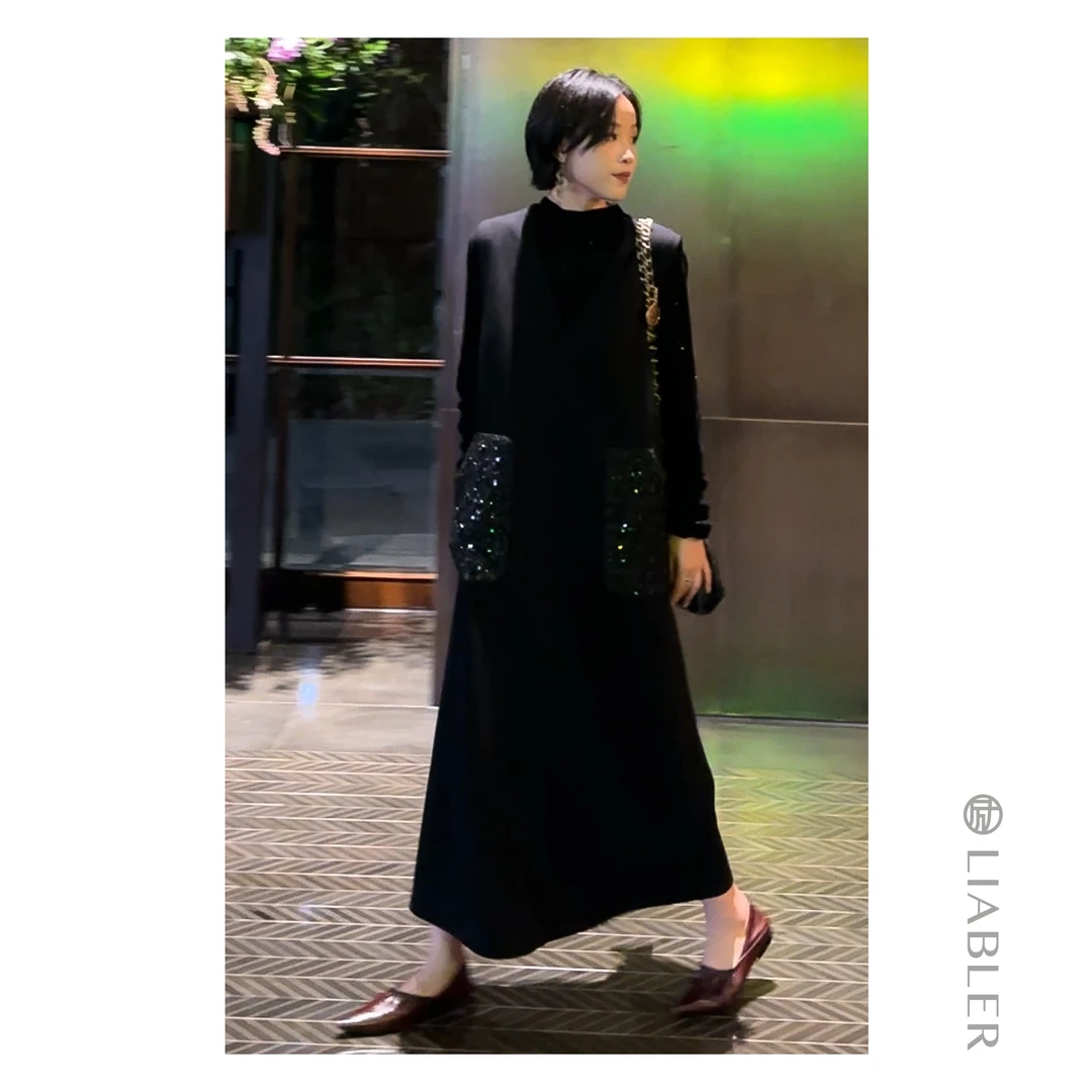 LIABLER/励【凝月霜华】2025春夏设计感拼接V领连衣裙 LAW24038D