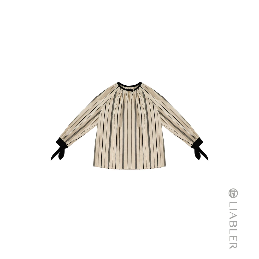 LIABLER【余月】2025春夏竖条拼色丝麻混纺上衣 LAW24327J