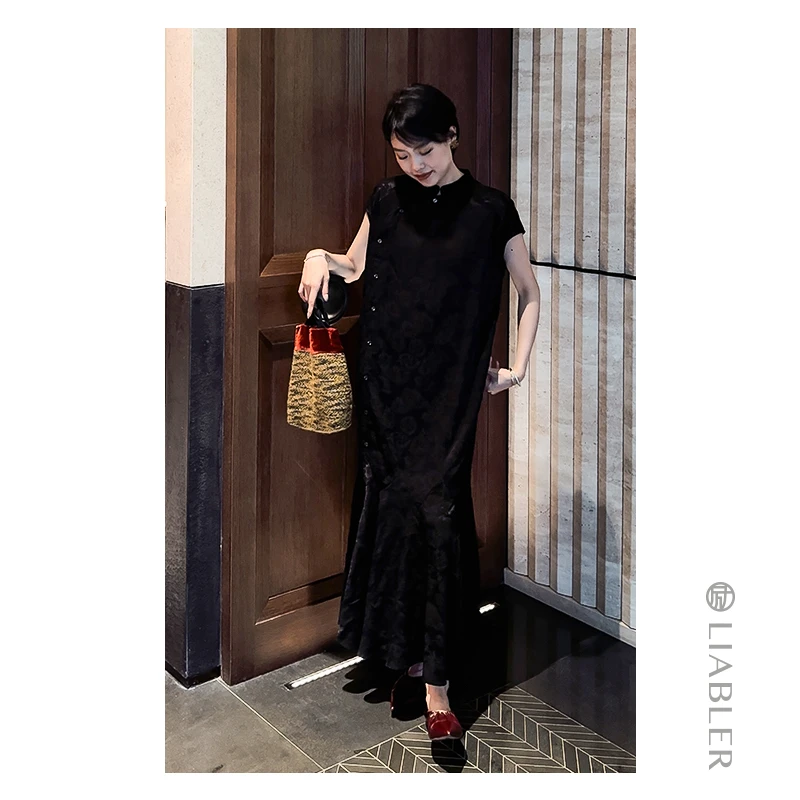 LIABLER【素屏】2025春夏新中式国风提花斜襟连衣裙 LSS24497D