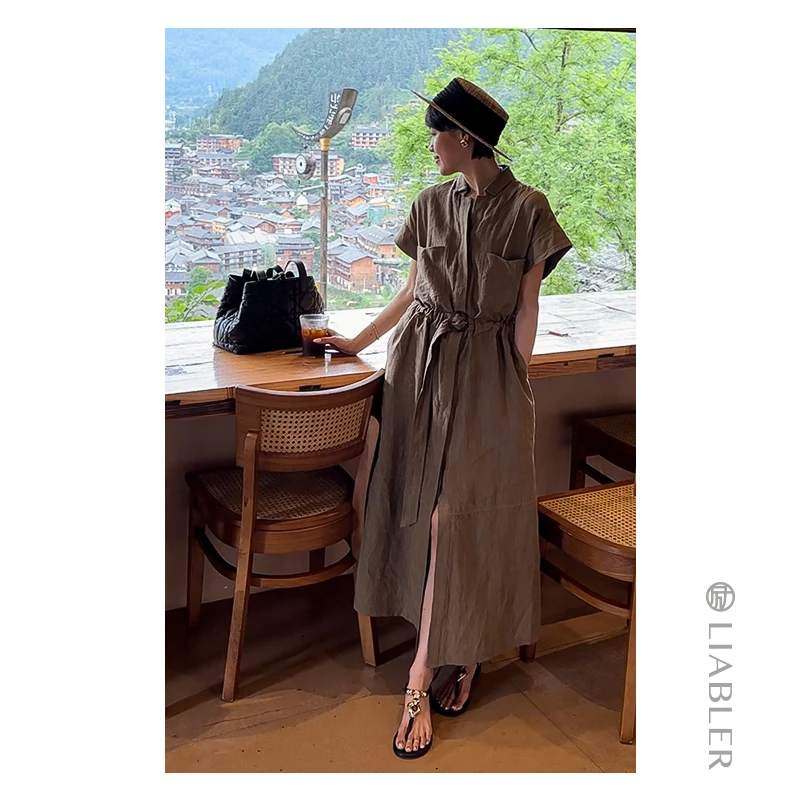 LIABLER/励【浮云山】2024春夏亚麻慵懒风垂坠感连衣裙 LSS24475D