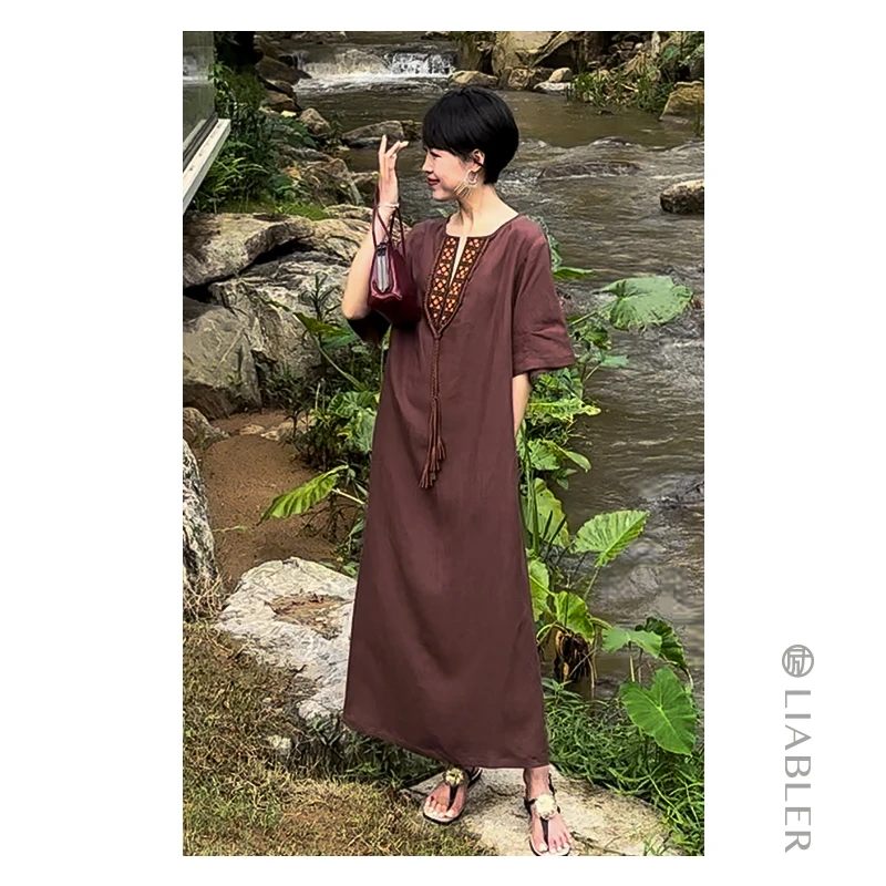 LIABLER/励【秋风辞】2024春夏V领宽松中长款A字连衣裙 LSS24580D