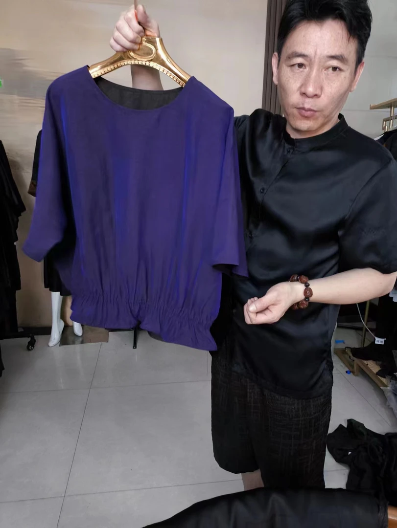 新品上市   香云纱桑蚕丝女士紫色双面穿圆领上衣