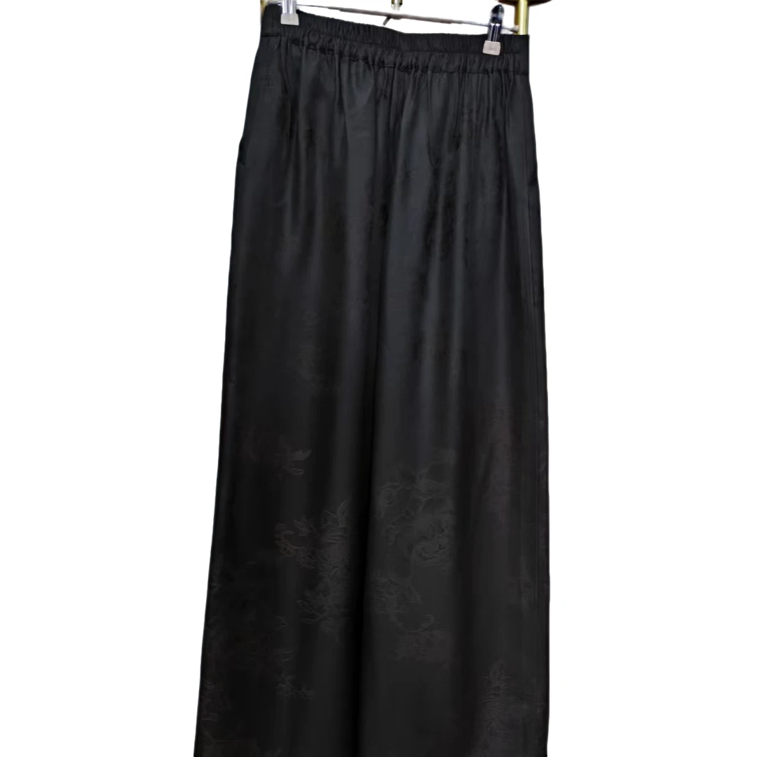 新品上市  香云纱桑蚕丝女士玫瑰花桑波锻阔脚裤