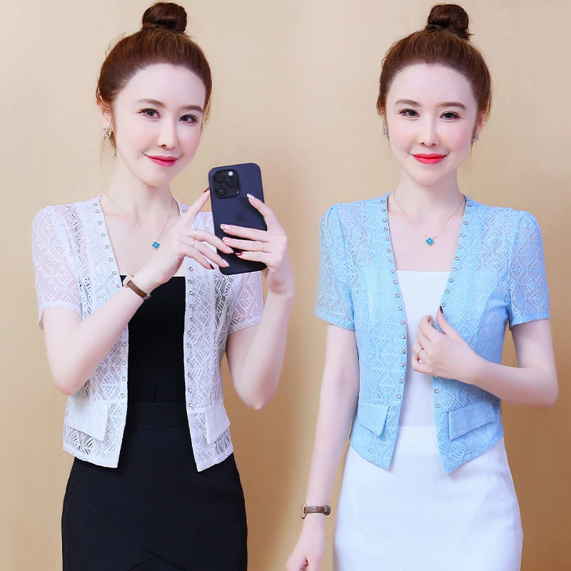 2025夏新品夏重工镶钻时髦甜美通勤V领蕾丝短袖开衫洋气蕾丝上衣