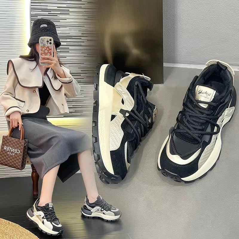 【真皮女鞋】ins风韩版老爹鞋拼色厚底系带休闲鞋18050