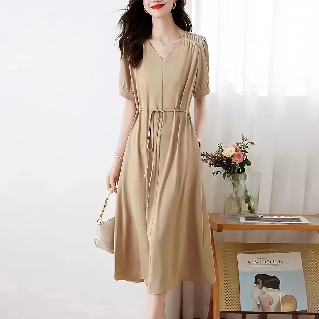 mq65连衣裙女夏装显瘦V领夏季韩版系带收腰女装连衣裙宽松连衣裙