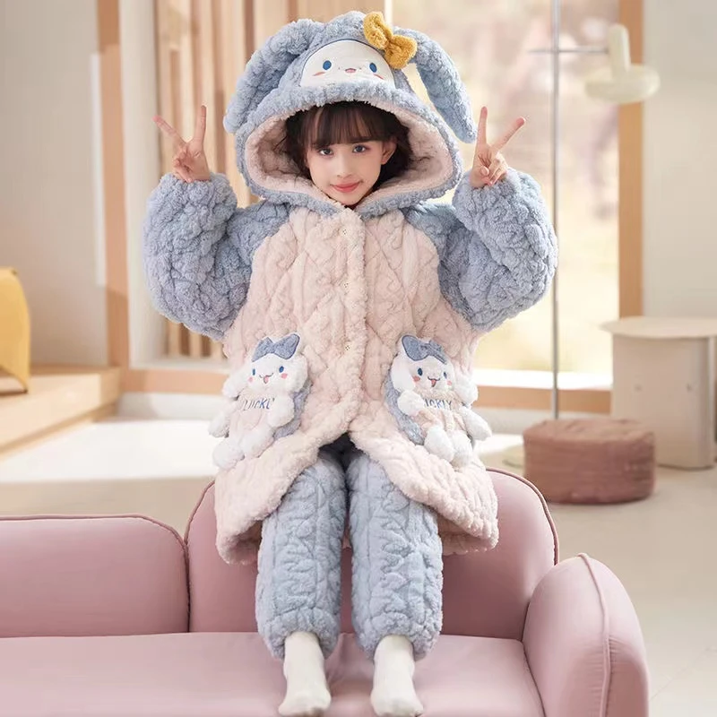 儿童睡衣冬季玉桂狗三层夹棉加厚款女童宝宝法兰绒保暖家居服套装