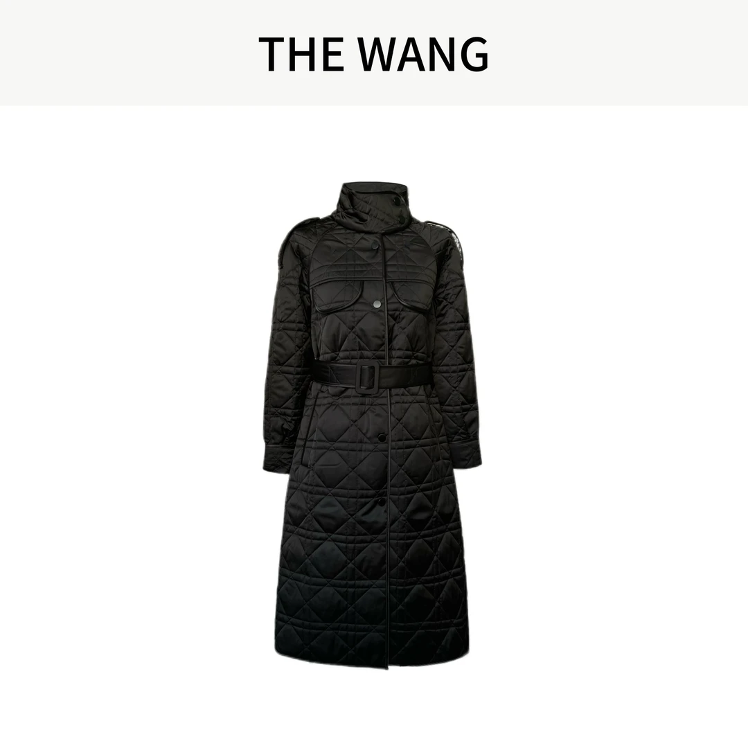 THE WANG 幻夜巴比伦 藤格纹菱形格百搭中长款棉服