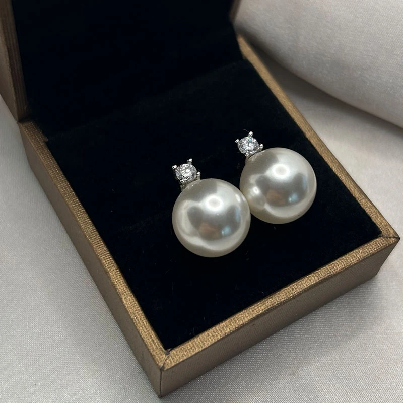 925银耳饰 S925纯银白珠镶钻耳钉施家通体银简约百搭款耳钉戴妃款