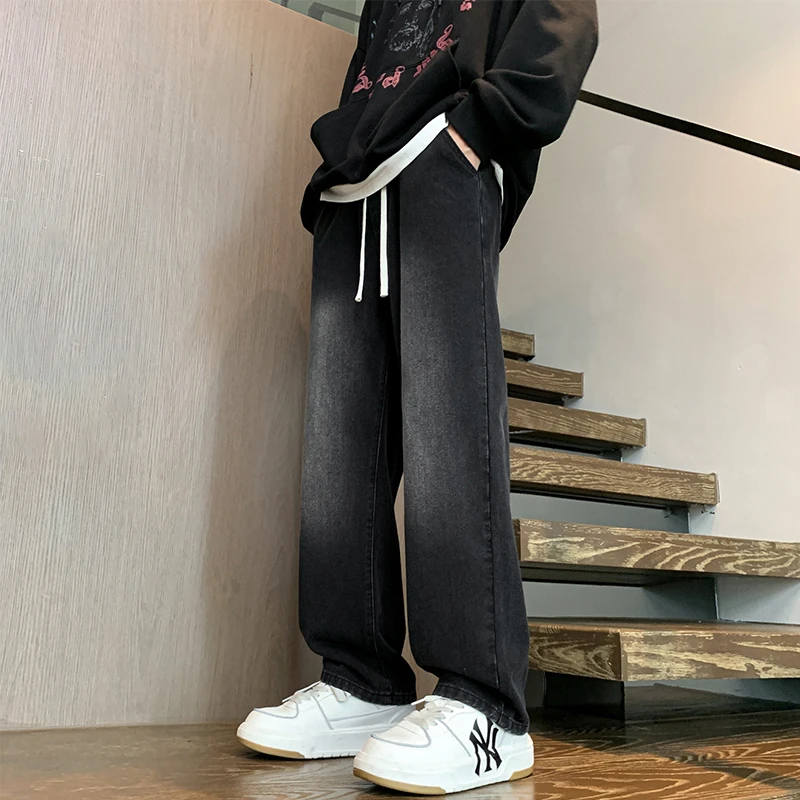 复古水洗宽松直筒撞色牛仔裤春秋宽松休闲长裤美式高街潮牌男裤子