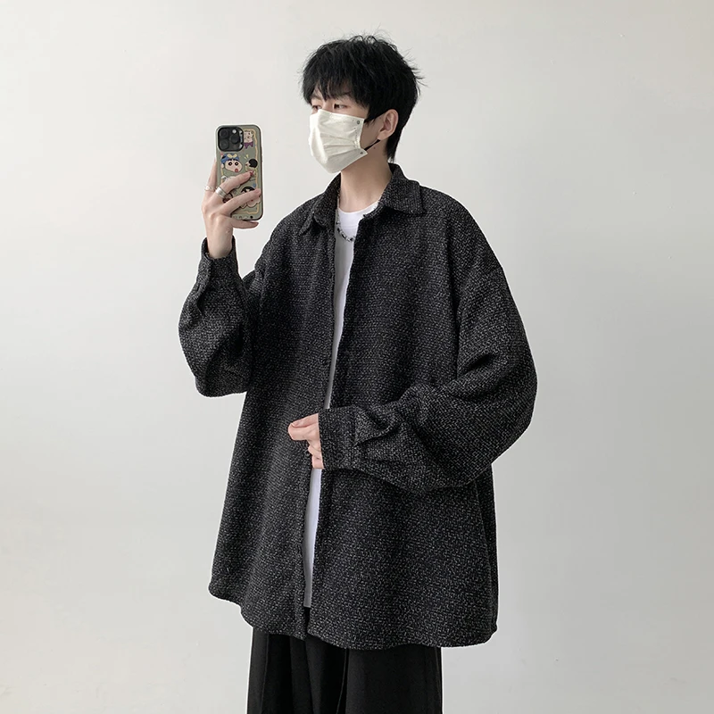 黑色垂感衬衫慵懒风男春秋宽松百搭痞帅长袖上衣潮流复古休闲外套