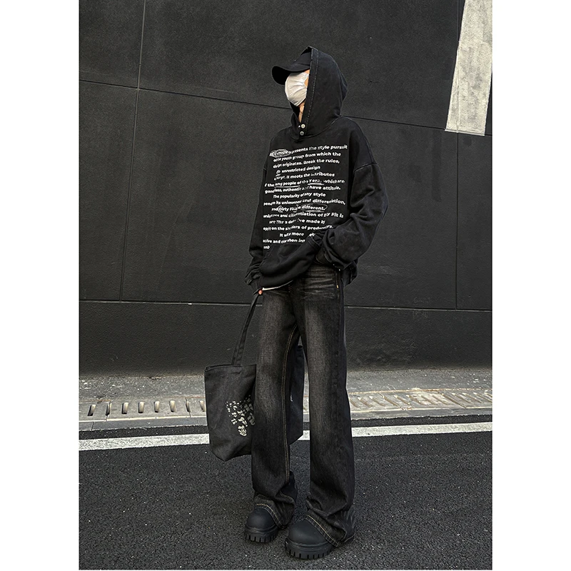 美式高街hiphop重工艺水洗暗黑微喇牛仔裤显瘦显高cleanfit穿搭