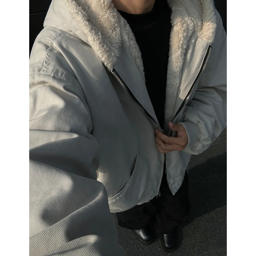美式复古羊羔绒棉衣男士冬季加绒加厚保暖连帽外套潮流慵懒风棉服