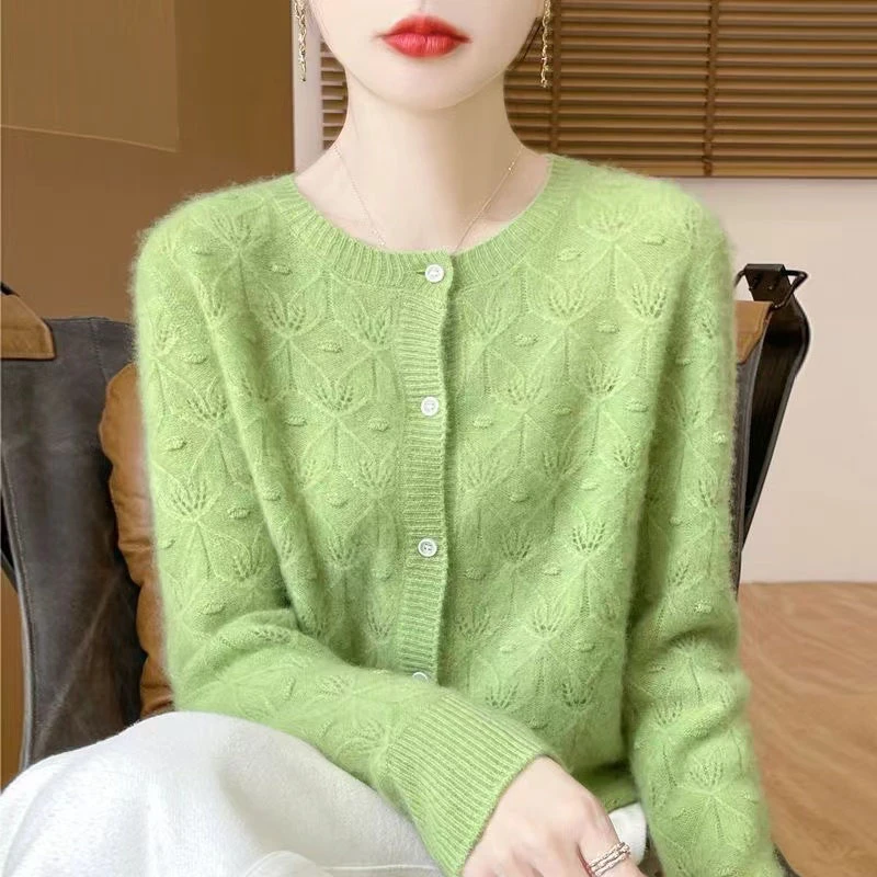 【立体镂空 100%纯羊毛】~圆领提花针织开衫女纯色毛衣宽松上衣931