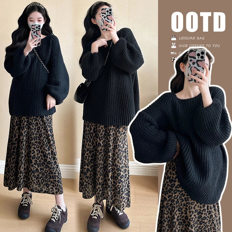 { 糕糕 }孕妇装2024秋冬慵懒风毛衣+豹纹半身裙两件套孕妇装
