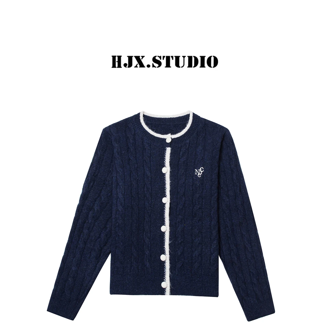 静贤【秋日开场】秋季新款韩版百搭气质麻花刺绣羊毛毛衣开衫